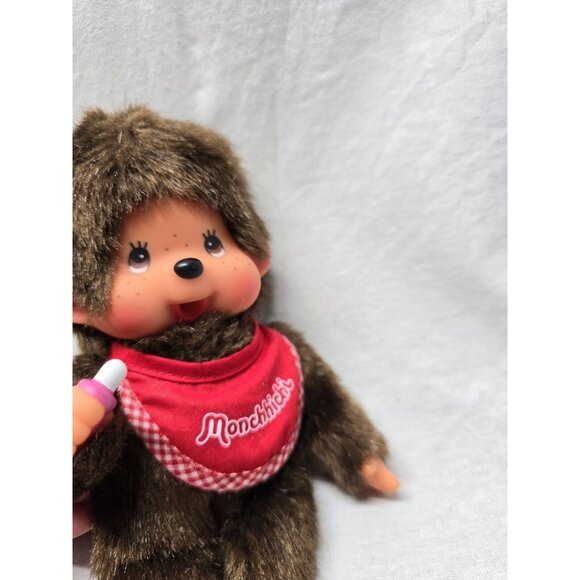 SEKIGUCHI 7.5" MONCHHICHI BOY WEARING RED BIB HOLDING PACIFIER DOLL - Picture 4 of 10